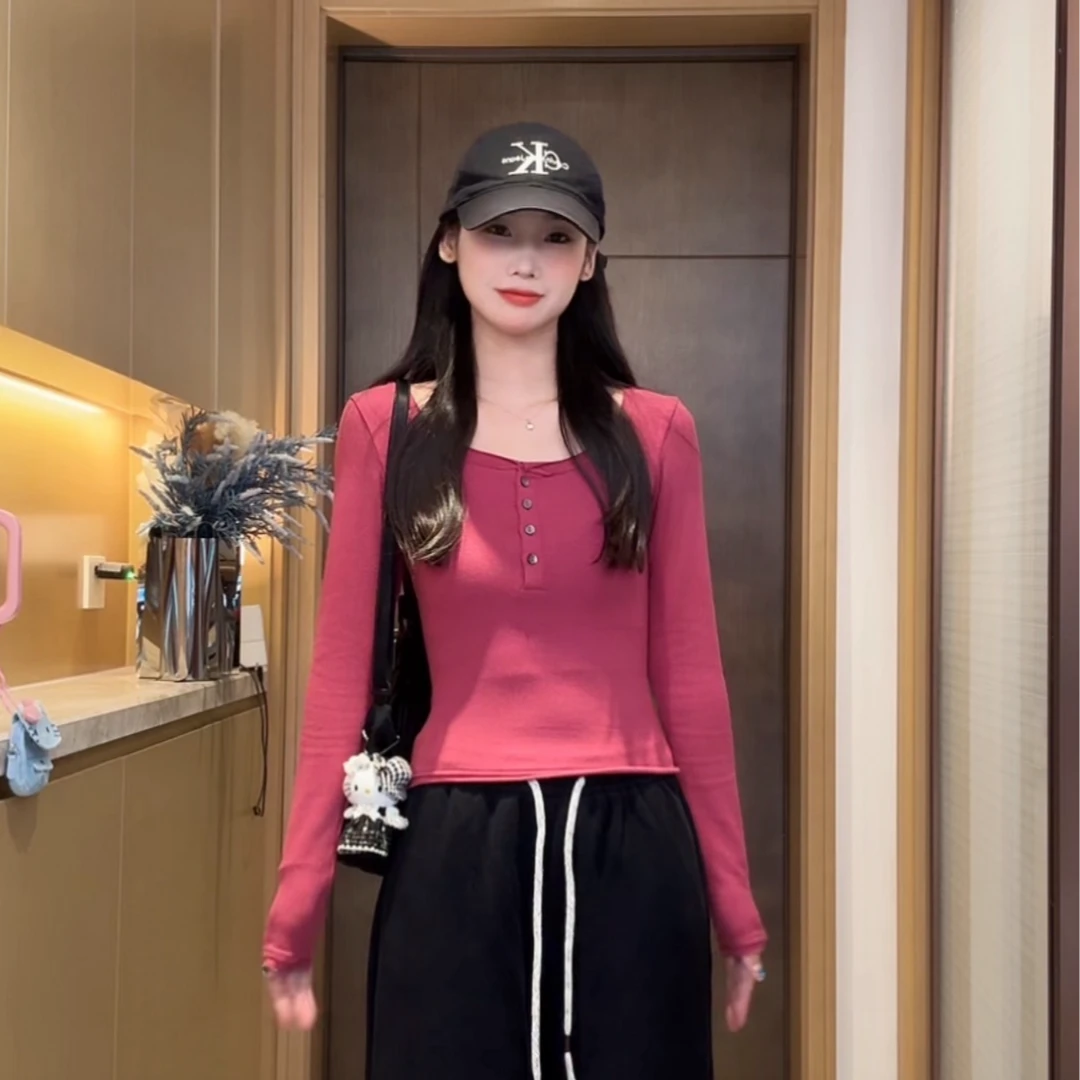 夏春茶2025韩漫身材秋季新品正肩亨利领修身弹力显瘦长袖打底衫