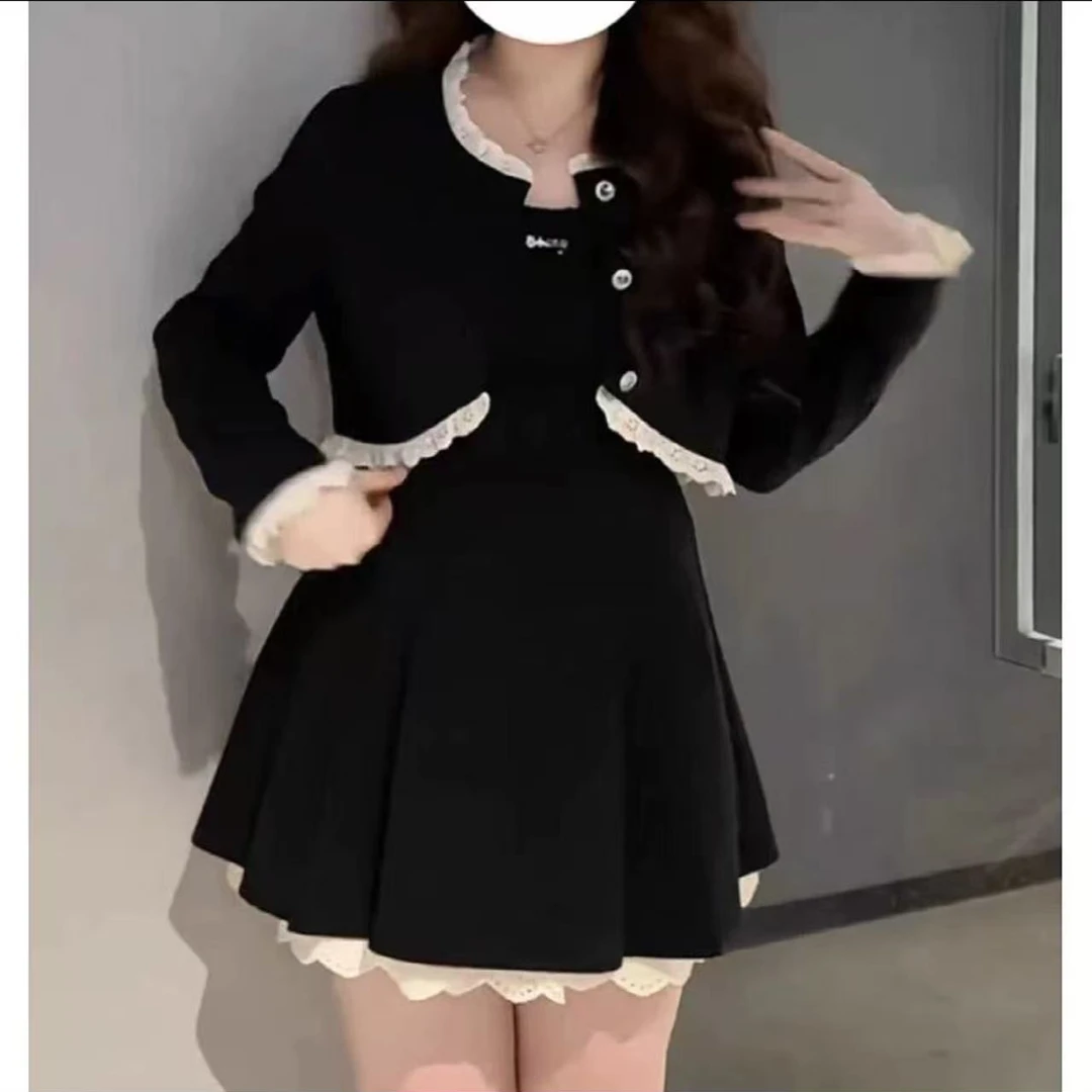 大码女装2025春季新款微胖MM显瘦气质蕾丝花边外套吊带裙两件套女