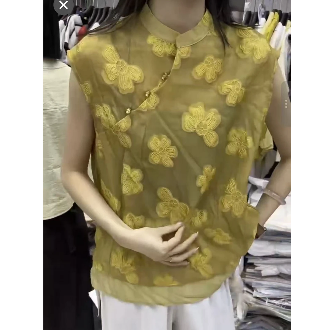 （媛媛严选）夏季新款新中式时尚斜盘扣无袖刺绣上衣小衫