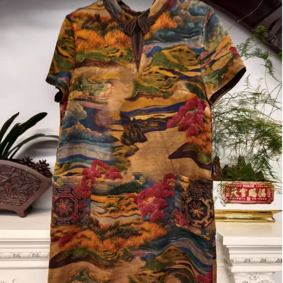 CHEN HENG 太阳 桑蚕丝香云纱连衣裙妈妈婚宴礼服喜婆婆真丝红色