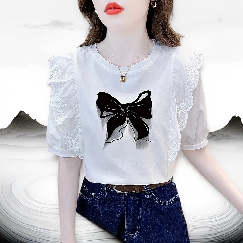 白色短袖t恤女2025年新款夏季设计感小众荷叶边宽松显瘦上衣服女