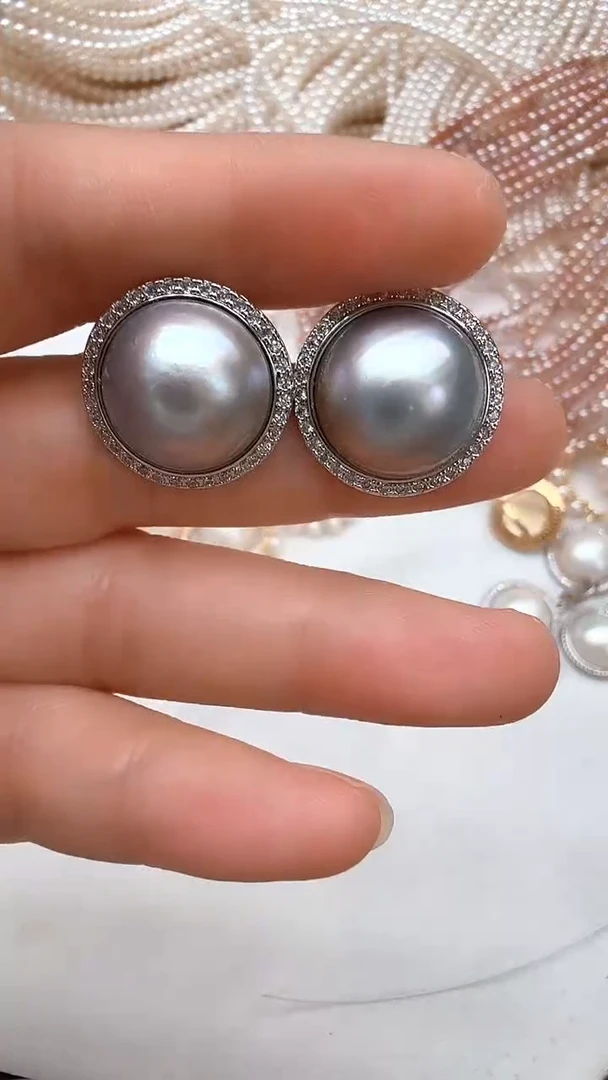 耳饰合金拼合珍珠（马贝珠）太阳花灰色