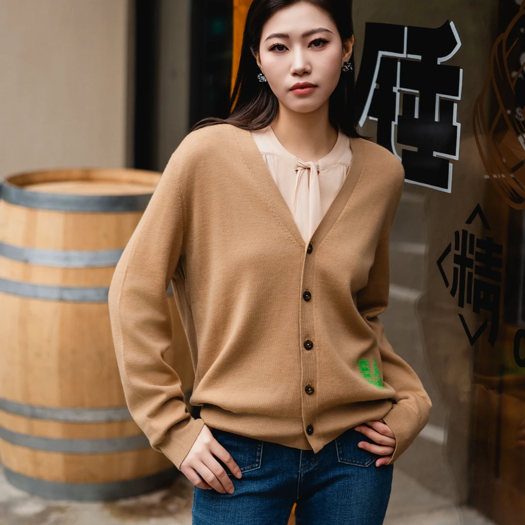 GIRDEAR/哥弟时尚百羊绒搭气质羊毛V领针织开衫外套毛衣女1499163