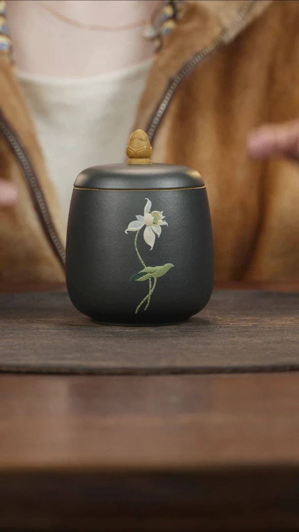 【闪购商品】紫砂茶叶罐小罐荷花钮天青泥泥绘荷花
