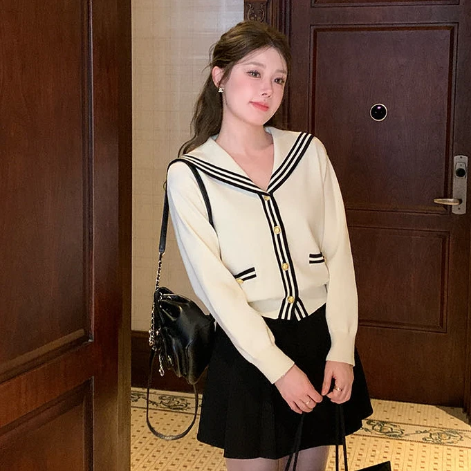 学院风时尚短款针织开衫女海军领小香风百搭减龄外套宽松显瘦上衣