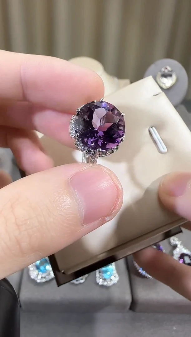 银S925镶嵌戒指紫晶12mm戒指设计款