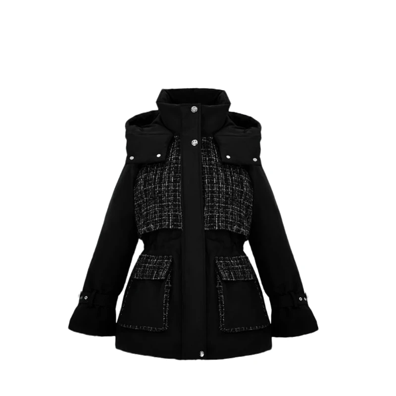 无品牌连帽小香风拼接女时尚收腰显瘦加厚中长款羽绒服