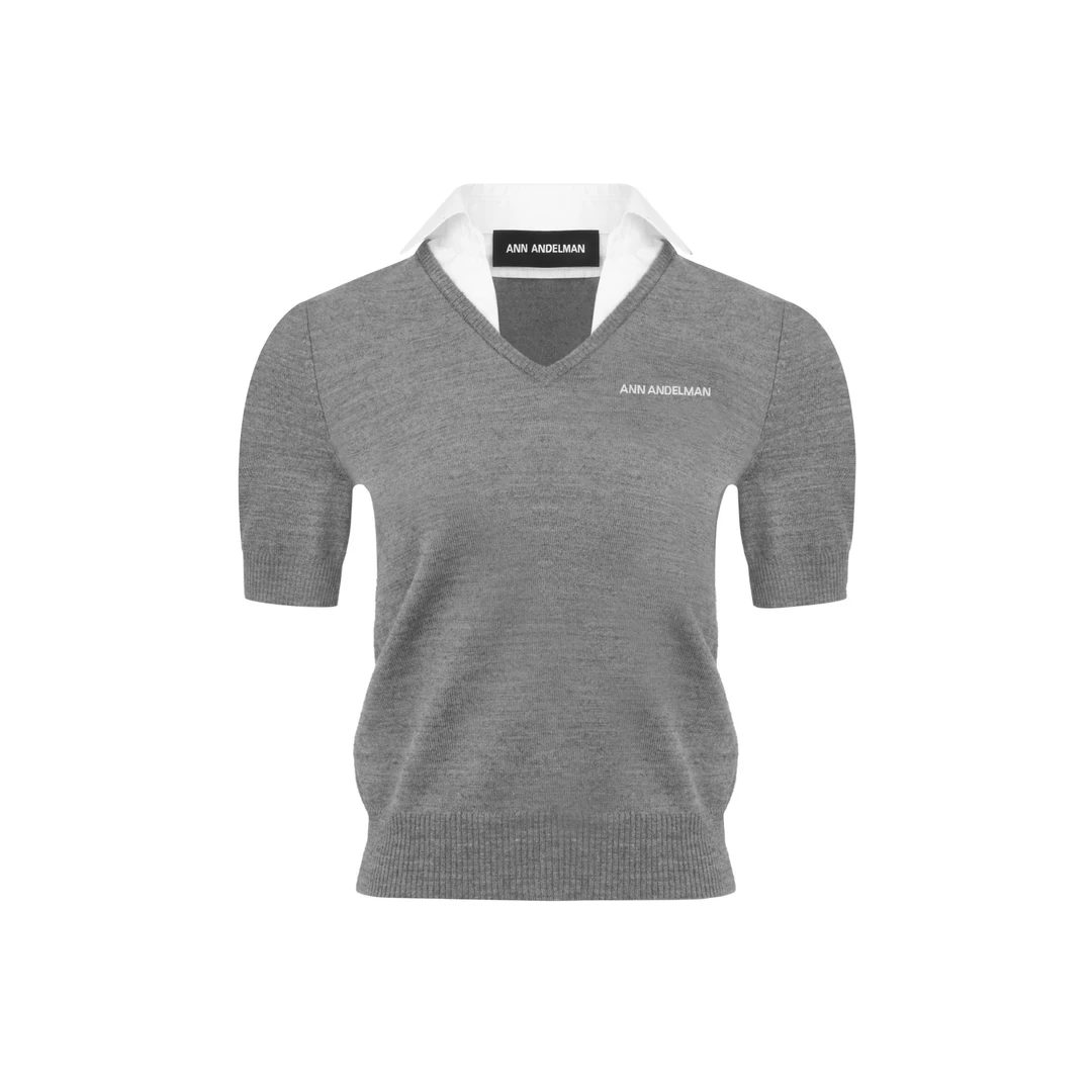 ANN ANDELMAN【林允同款】25秋冬针织T恤拼衬衫领V领毛织套头衫