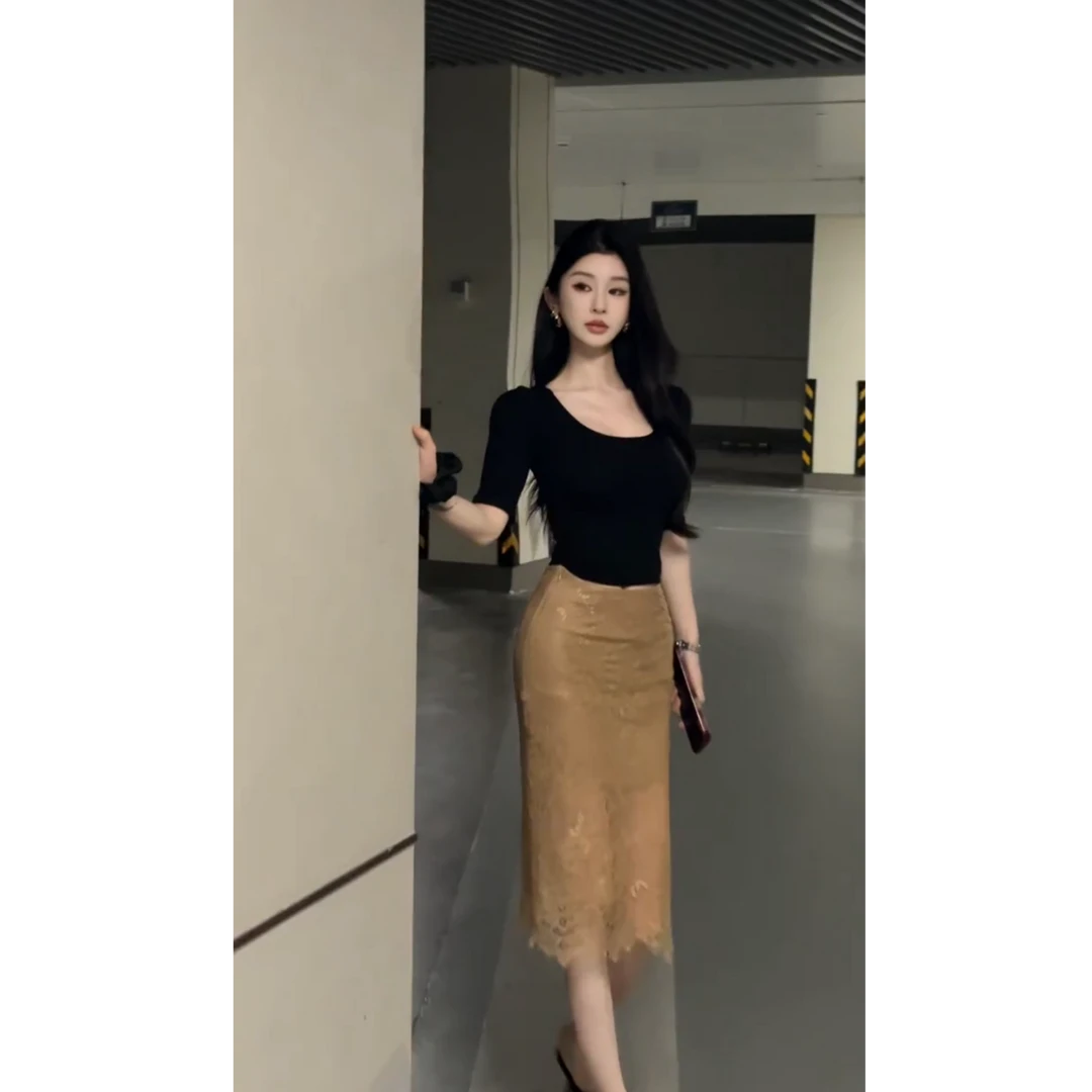 纯欲性感黑色中袖上衣女修身显瘦蕾丝包臀半身裙女夏季新款两件套