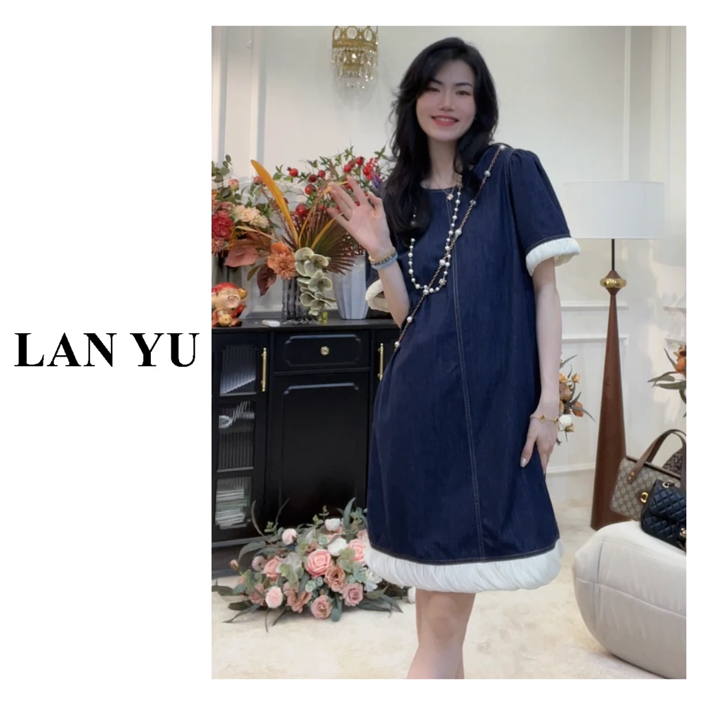 【花边牛仔裙】不掉色薄款软牛仔~小众设计师琉璃纱拼接牛仔连衣裙