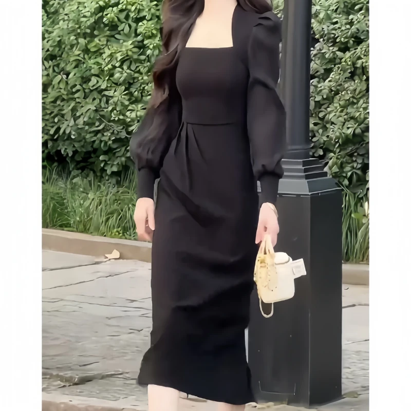 早秋时尚风气质风法式裙子收腰显瘦纯欲风开叉款百搭赫本风连衣裙