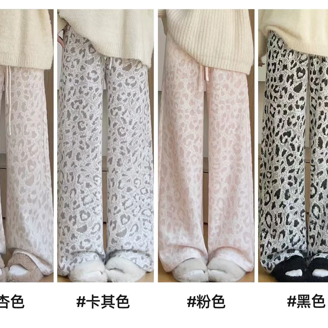 最新美式复古豹纹阔腿裤冬季加绒加厚宽松高腰慵懒松弛休闲裤