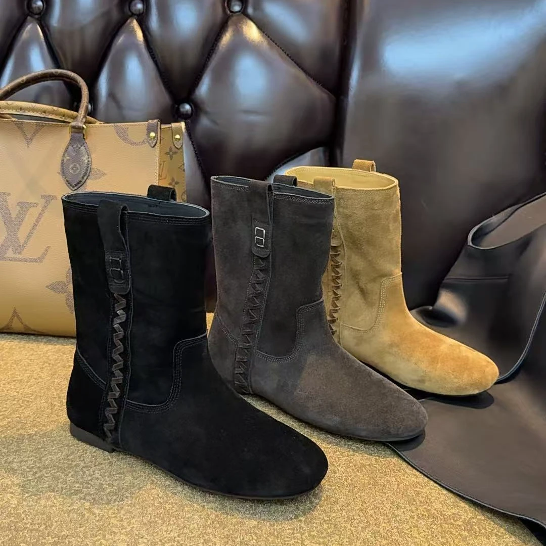 [大韩韩]秋冬新品638-8高丝光牛皮圆头气质百搭质感平底马丁靴