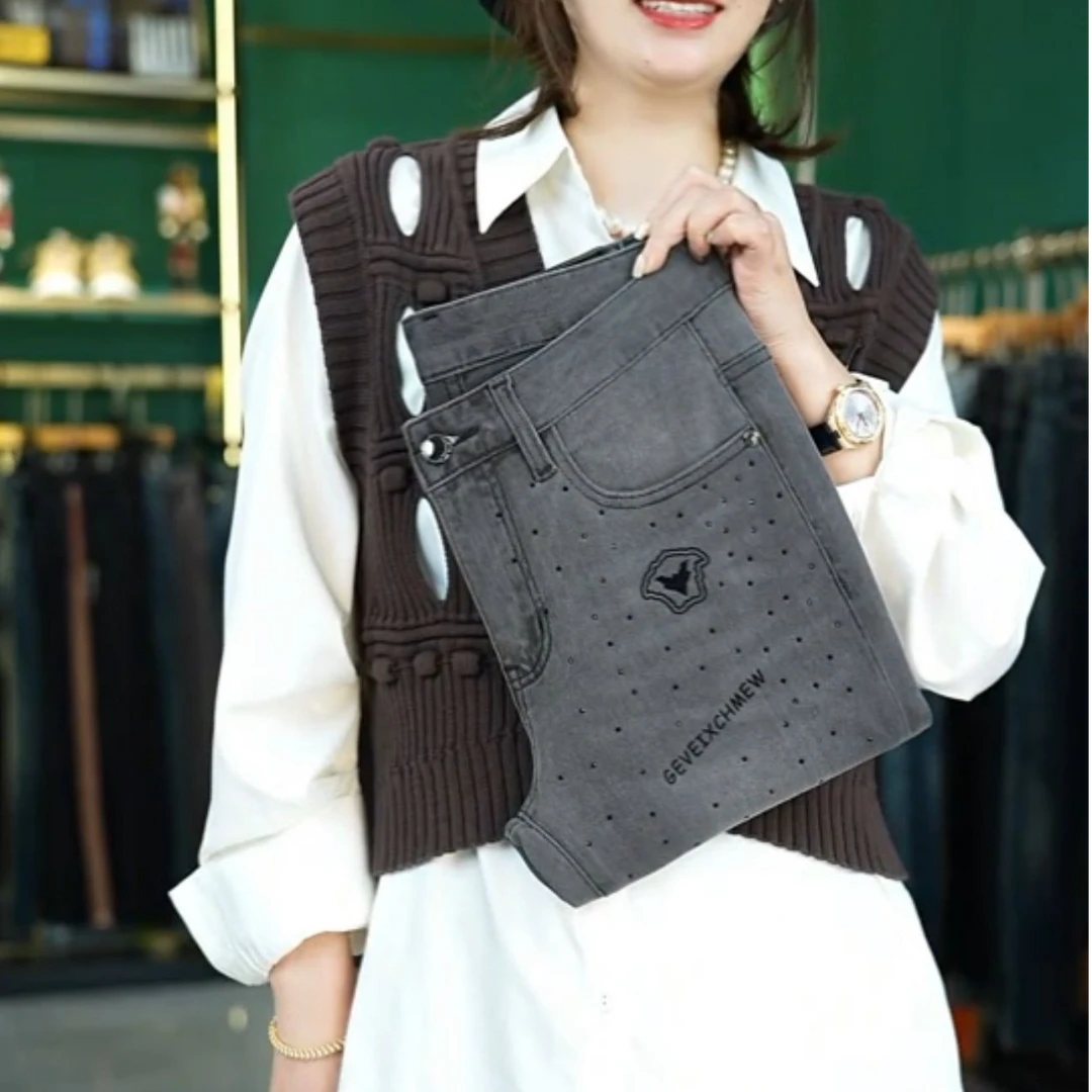 2025春夏男士轻奢欧货灰色满天星精品修身百搭时尚潮流牛仔裤5680