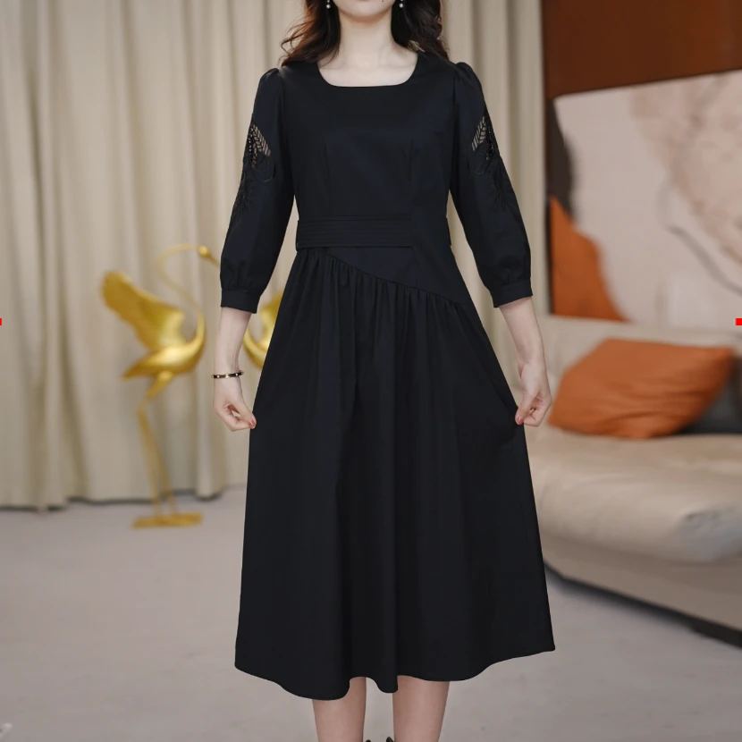 连衣裙显瘦气质长袖小黑裙黑色复古法式收腰显瘦气质长袖小黑裙