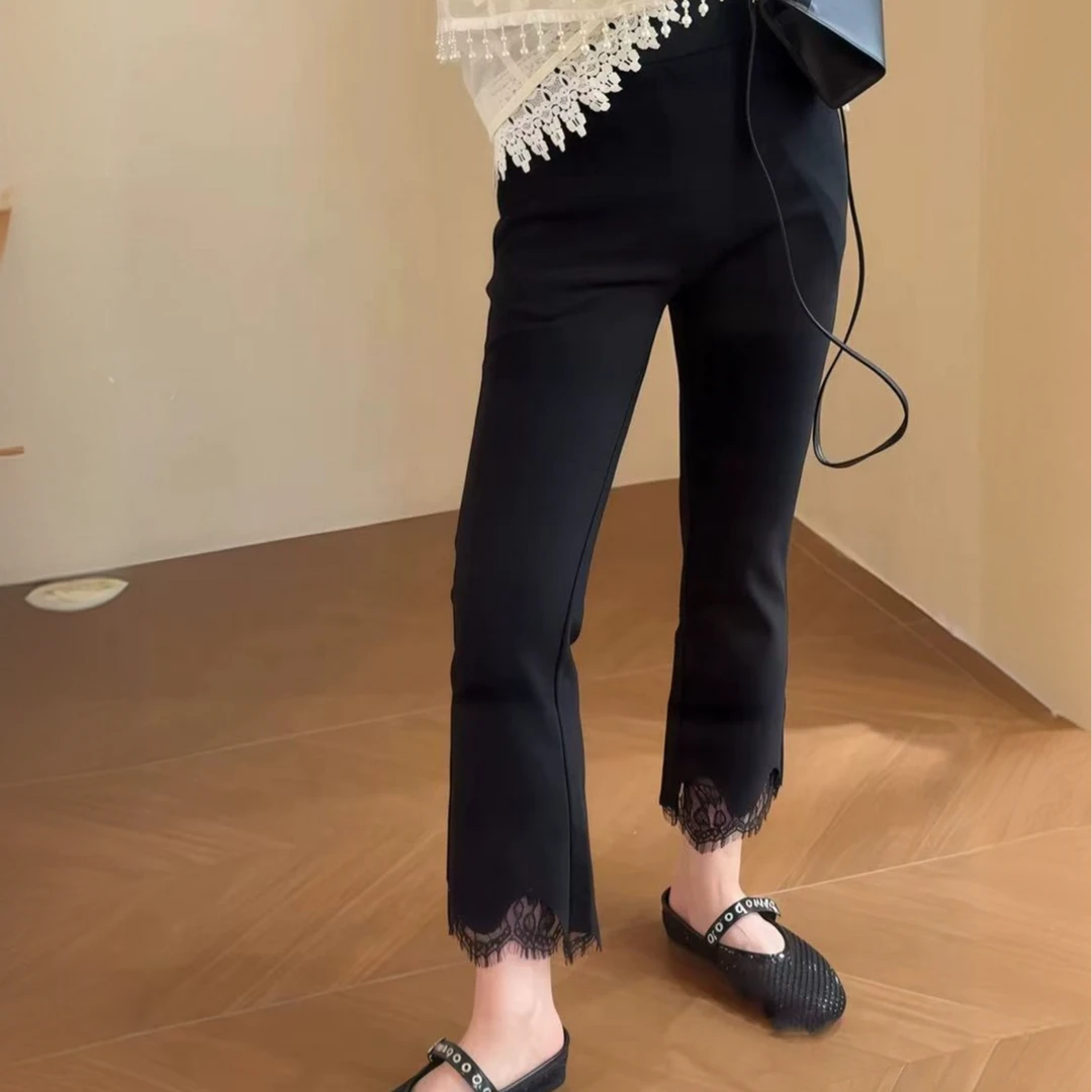 【合肥欢欢】“高弹裤”夏装时尚修身显瘦拼接蕾丝九分休闲裤女9076