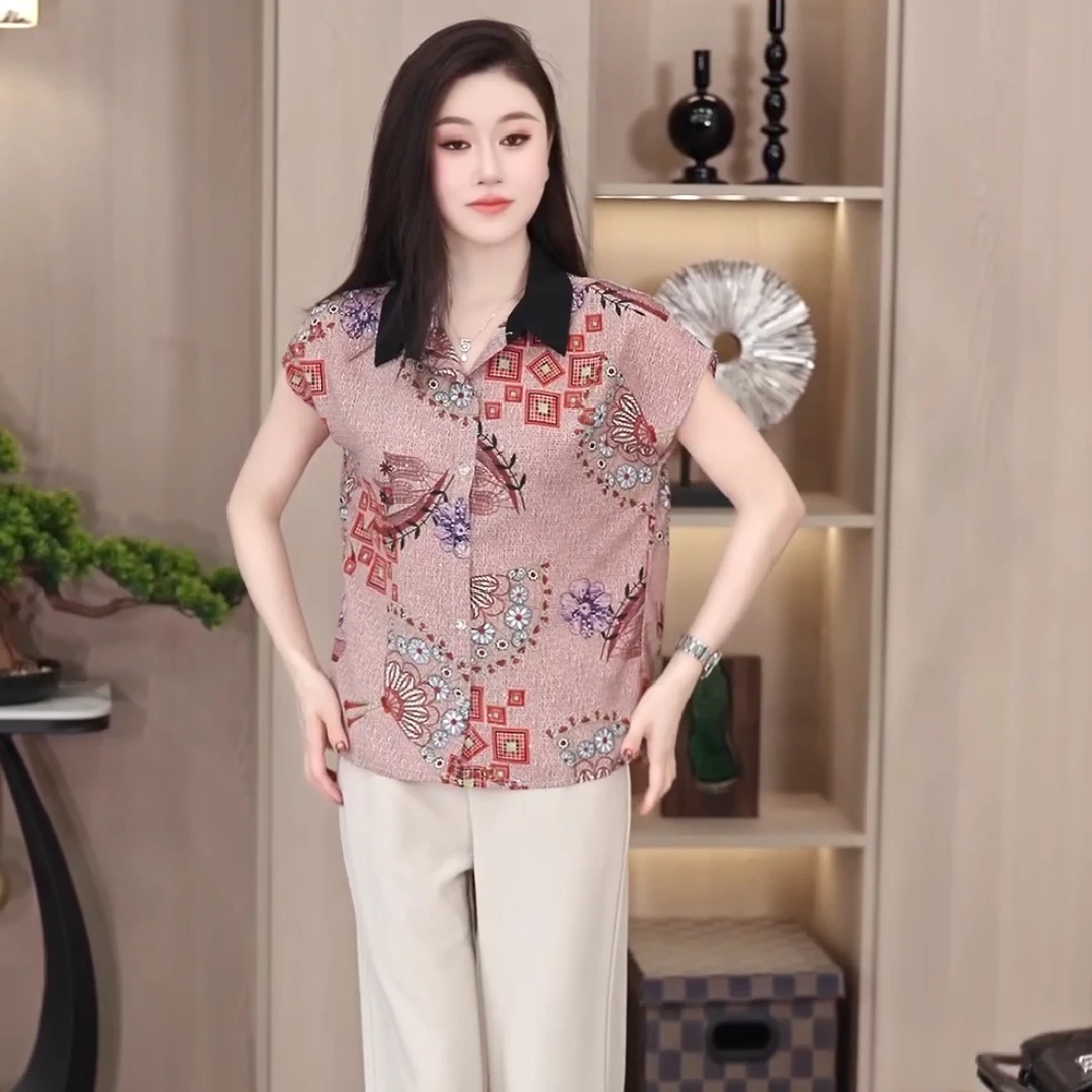 中老年女装夏装翻领碎花洋气衬衣妈妈装显瘦遮肚通勤百搭衬衫
