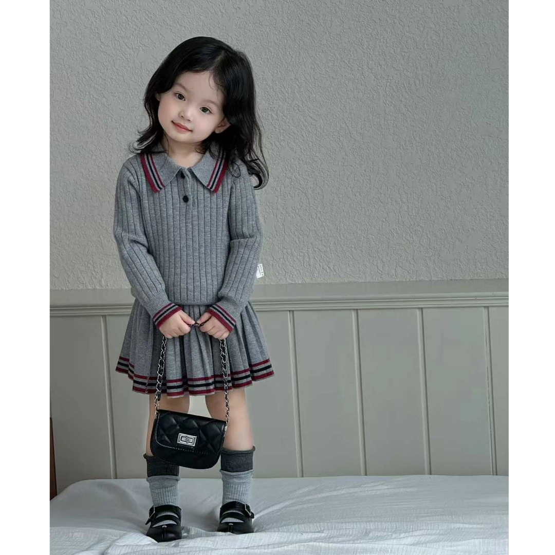 壹妈童装女童时尚套装秋季新款洋气小女孩灰色学院风针织上衣半裙