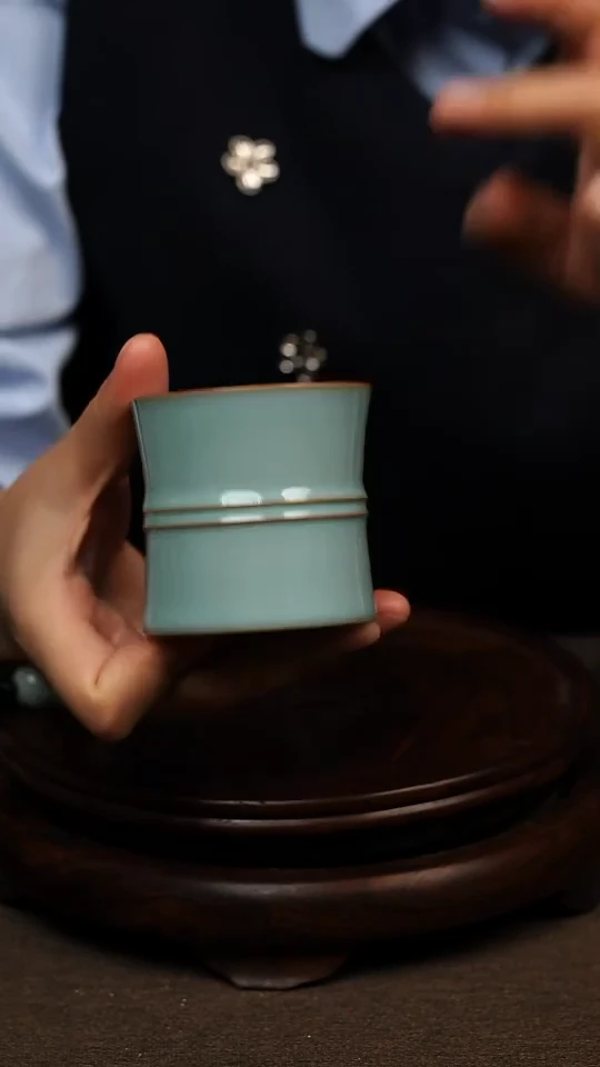 瓷片天青色全手描金束腰杯100ml微瑕不带礼盒