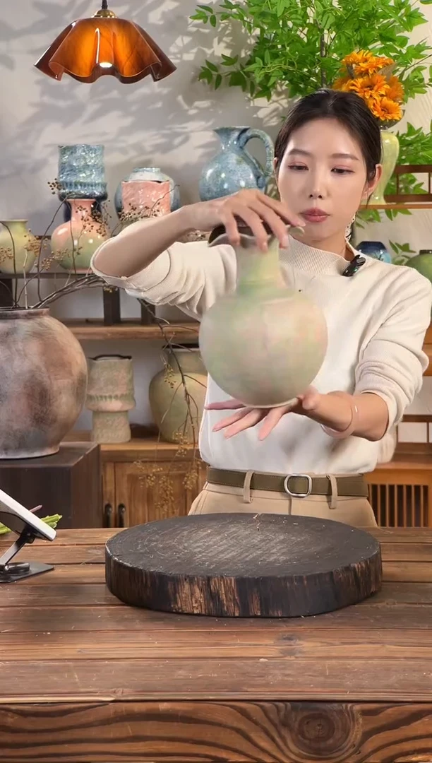 【苔点绿-大肚花瓣口瓶】无孔水培桌面陶瓷花瓶干花鲜花客厅插花