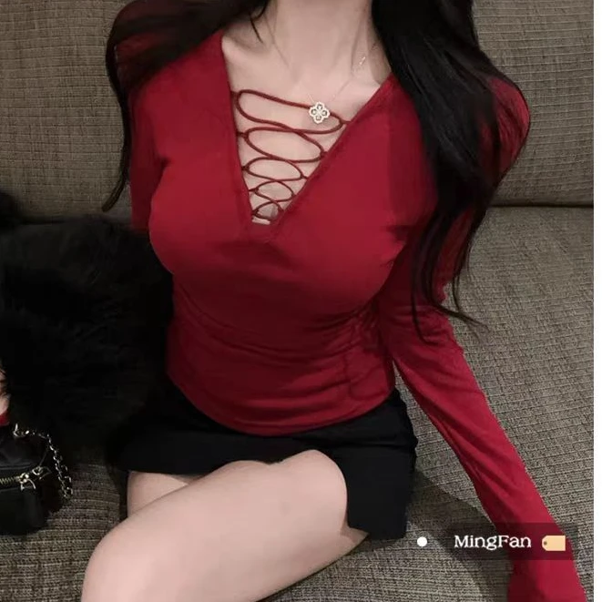 辣妹性感V领绑带修身上衣#1218（细节以直播间为准）