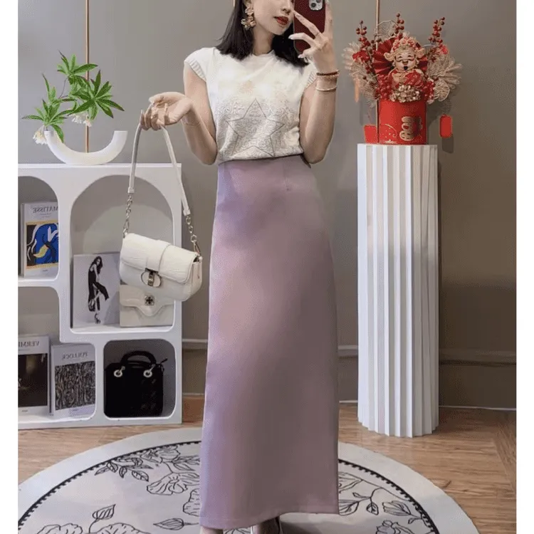 法式包臀裙女气质高腰显瘦时尚百搭开衩半身裙西装面料直筒长裙子