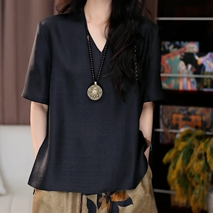 【云墨】 香云纱新中式时尚复古显瘦春秋宽松国风黑色短款上衣