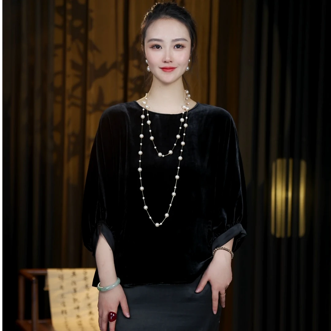 JSL25206-隆回气质新中式桑蚕丝丝绒中国风长袖上衣套头百搭