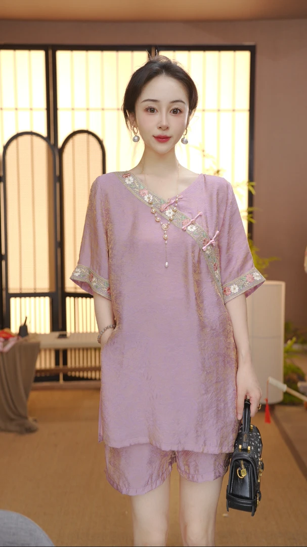 新中式2025夏季气质百搭提花立领短袖上衣裤子女FB2506182