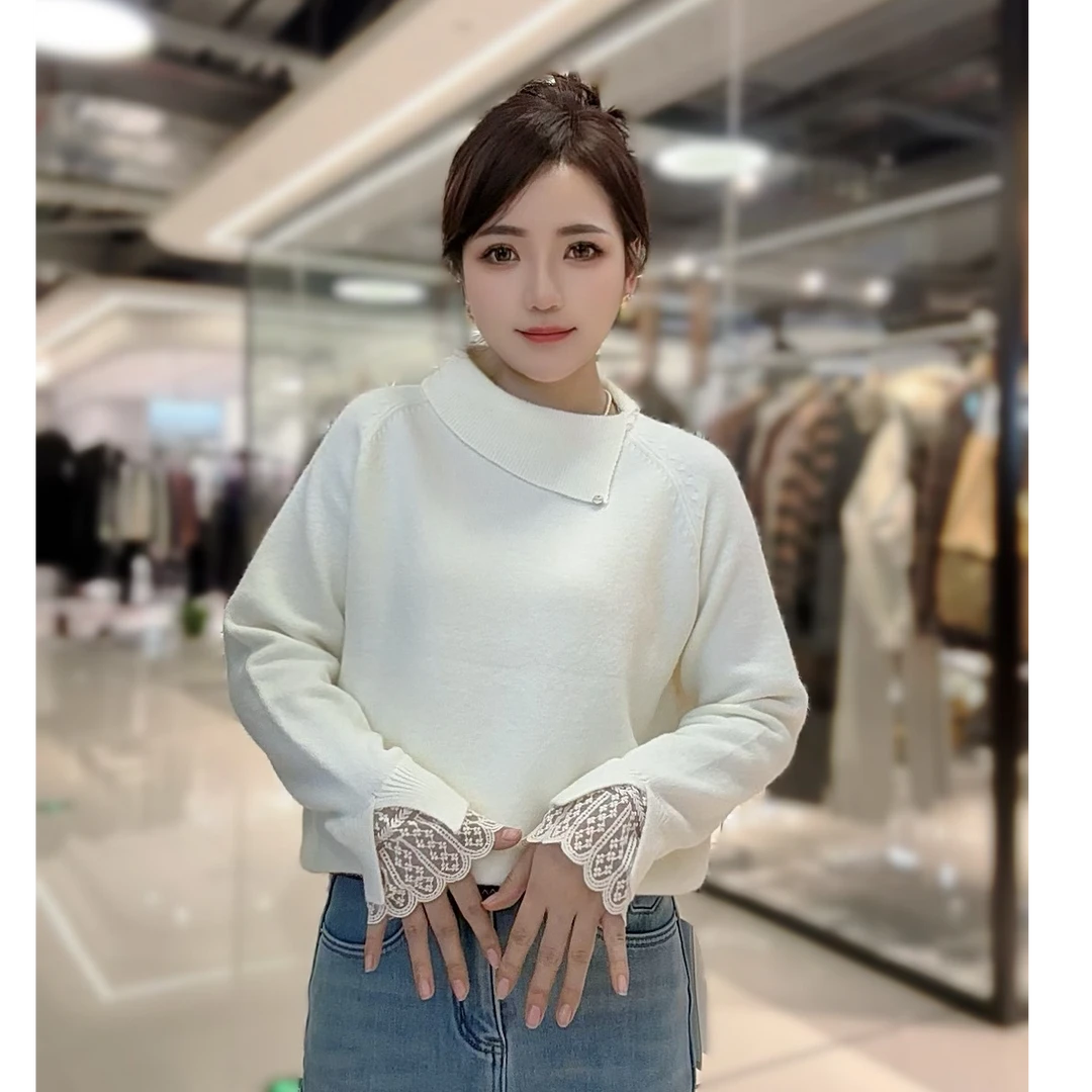 【墨臻精选】2025年冬季长袖时尚设计感蕾丝袖边针织毛衣66283