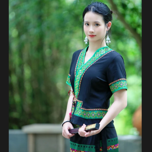 海南黎族服装傣族款一片衣式黑色中短袖上衣民族风黎族苗族风