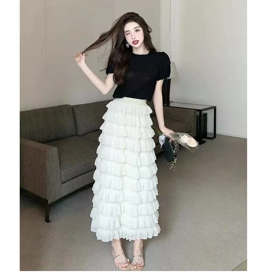 2025春夏新款高腰显瘦蓬蓬蛋糕裙层层雪纺拼接荷叶边半身长裙