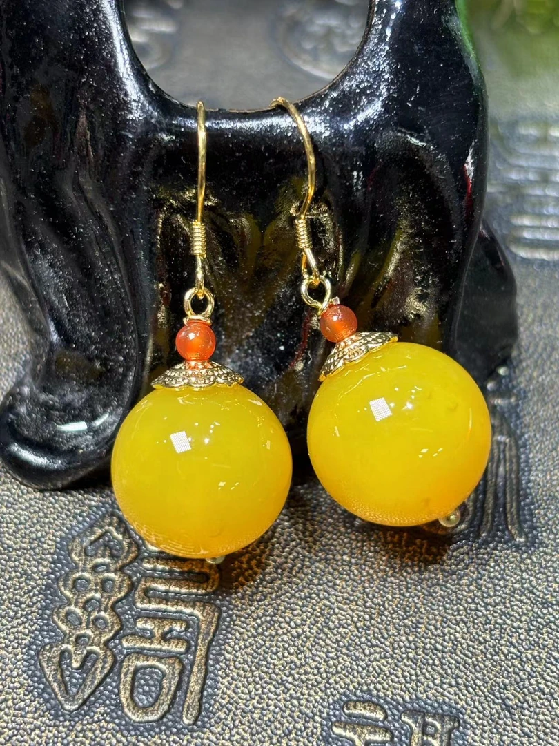 SY6901-卡14左右-S925银钩田黄玛瑙黄耳钩一对