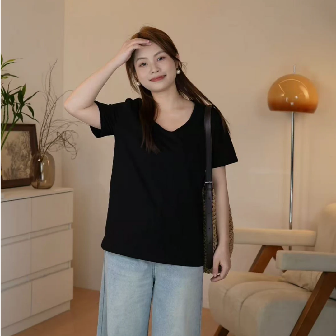 小个子短袖上衣宽松T恤打底衫女款爆款2025新款春款内搭V领
