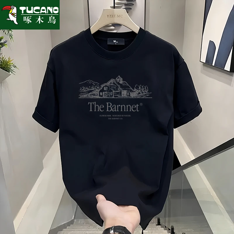 啄木鸟2025夏季新款纯棉短袖T恤男潮流运动圆领印花体恤青年半袖