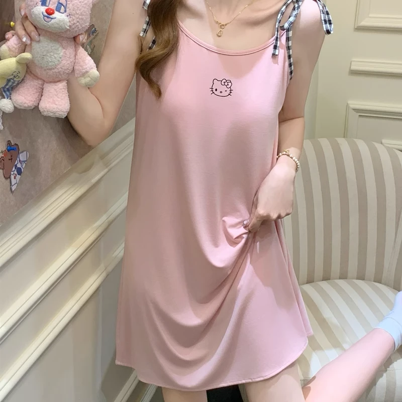 莫代尔睡衣女夏季吊带睡裙ins风卡通少女带胸垫无袖可外穿家居服