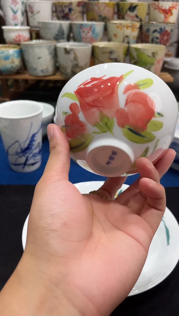 瓷片景德镇高温釉下手工手绘陶瓷高白泥墩墩碗红玫瑰花