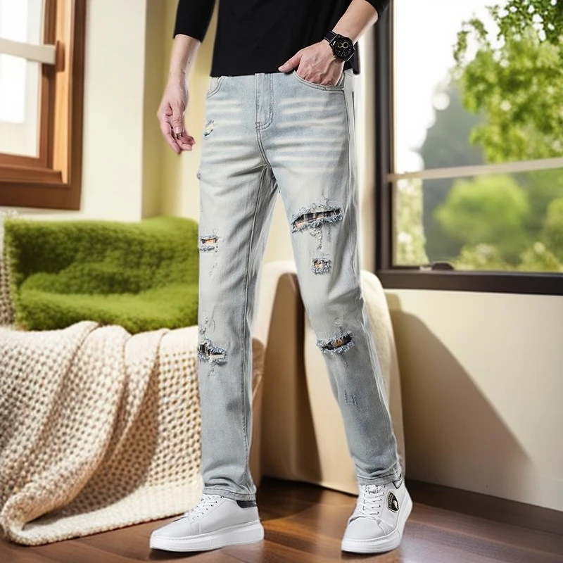 娜罗普西时尚休闲男士潮流法式破洞补丁牛仔裤男款新款修身长裤子