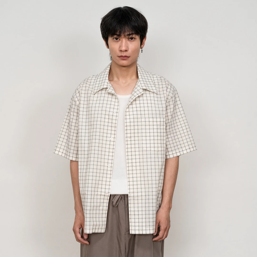 轻薄纸感纯棉夏季box宽松短袖格子衬衫