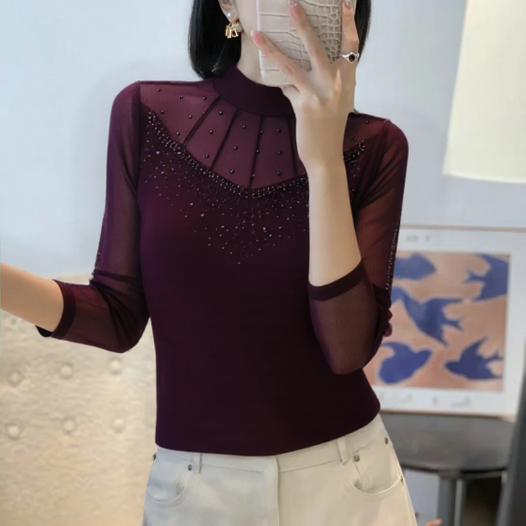 2025秋冬新款时尚半高领网纱打底衫女设计感加绒长袖上衣烫钻t恤