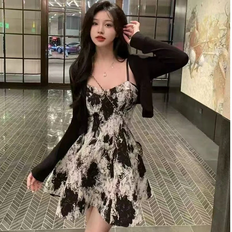 吊带黑色连衣裙两件套豹纹轻奢高级感裙子套装胖mm显瘦款