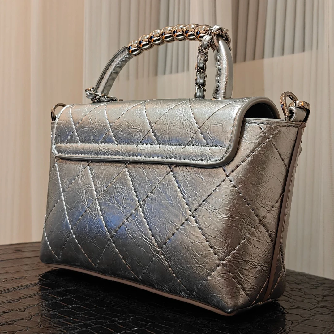 HIRMRIS手工真皮包MX193 缪菱格手提珠银色