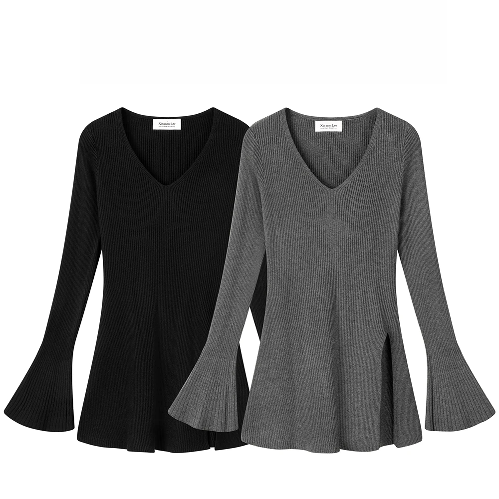 法式轻熟风修身显瘦纯欲V领针织衫喇叭袖开叉内搭不规则上衣I1-92