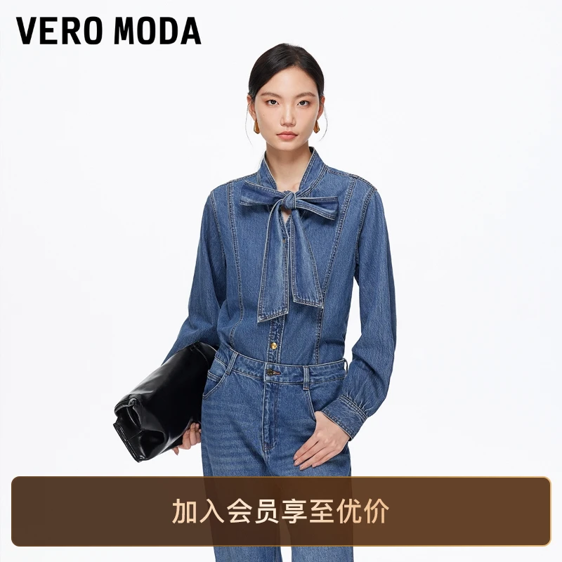 Vero Moda衬衫2025秋冬新款纯棉蝴蝶结系带设计牛仔衬衫老钱风