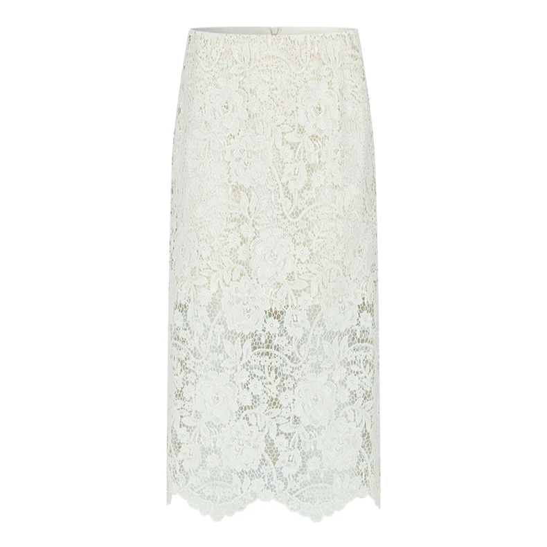 【小余专属】曼德诗纯色半身裙新款蕾丝镂空提花工艺裙子M207308382