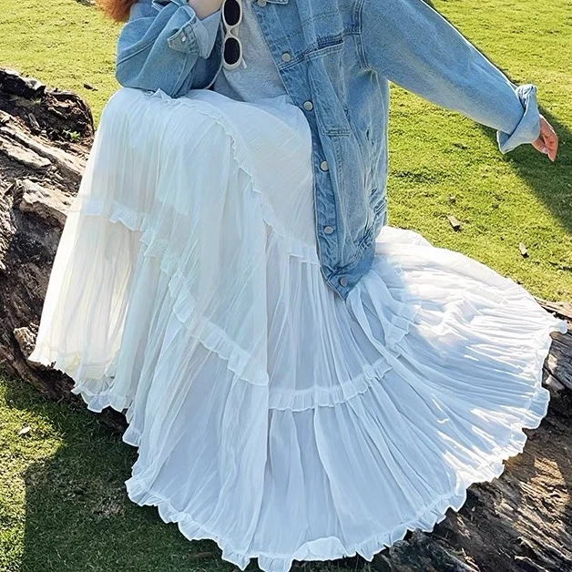 风华珏（白月光）春夏复古两侧口袋大摆中长款显瘦半身裙