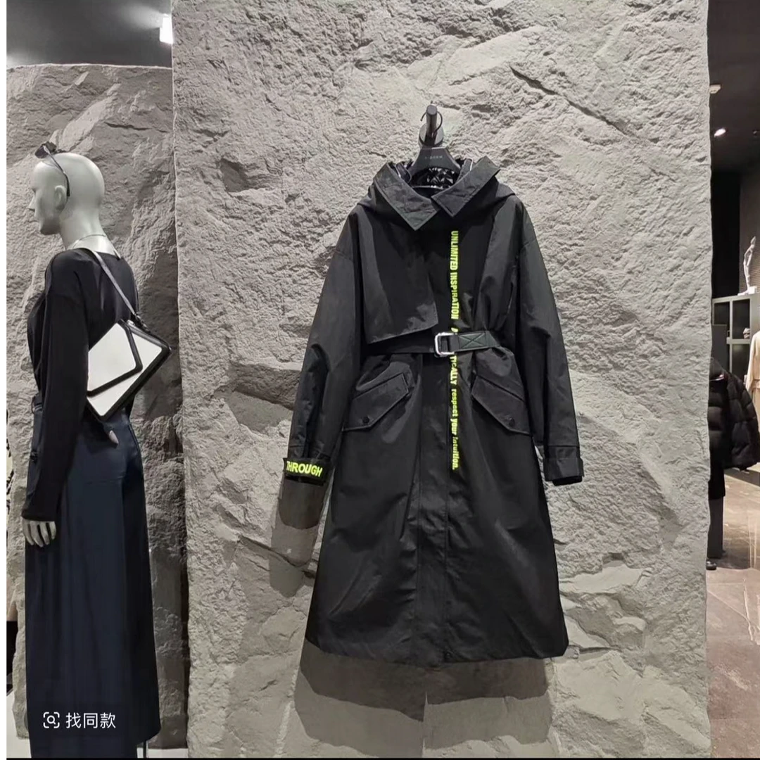 sdeer圣迪奥女装高领连帽撞色字母收腰两件套长款羽绒服S21482490