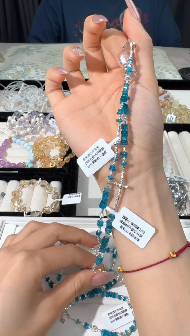 水晶手链银S925镶嵌B042蓝磷辉盘珠碎银款