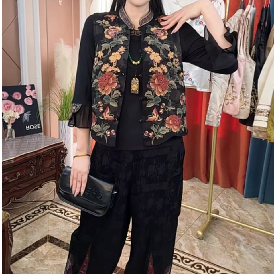 繁花似锦暗纹提花刺绣长裤套装（1324）