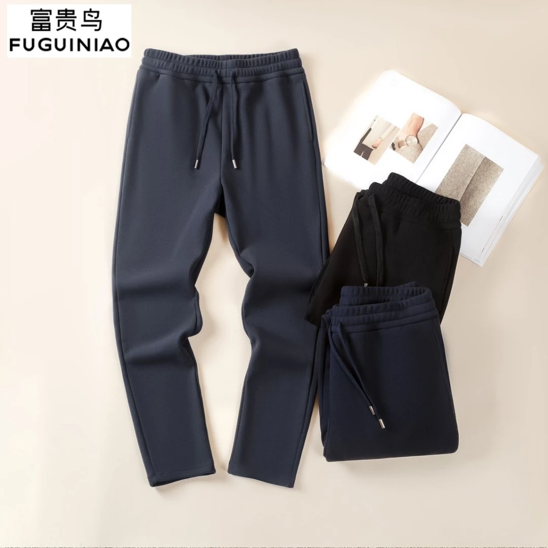 富贵鸟直筒休闲裤桑蚕丝新款卫裤保暖防风裤休闲裤秋冬加绒卫裤男
